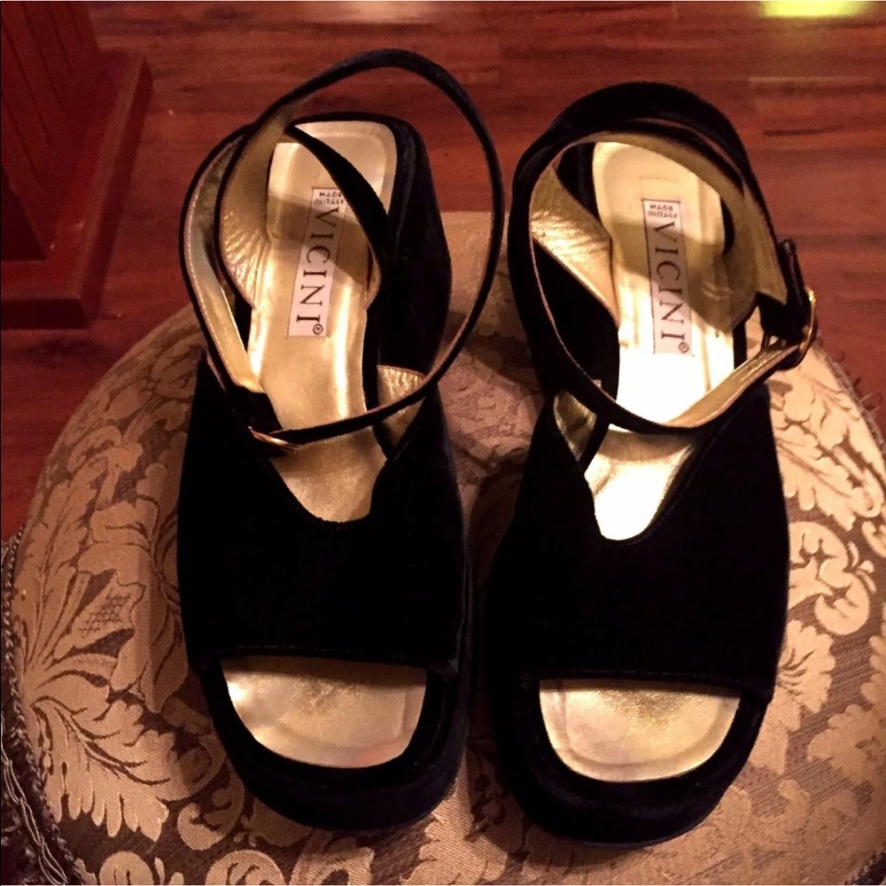 Vicini Black Velvet Wedge Platform Sandals 40.5